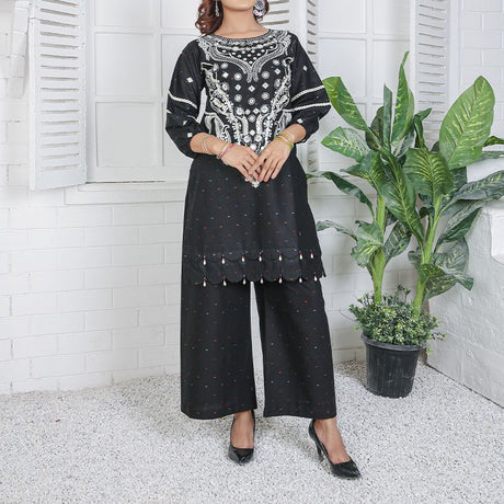 2 Piece Kurti Salwar Embroidery Set - Pure Cotton Collection Stylish Solid Color Light Weight Cotton Fabric Suit Top Bottom Salwar Kameez Indian Pakistani Embroidered Suit For Event Party Outdoor Dress - Black - Shop N Save