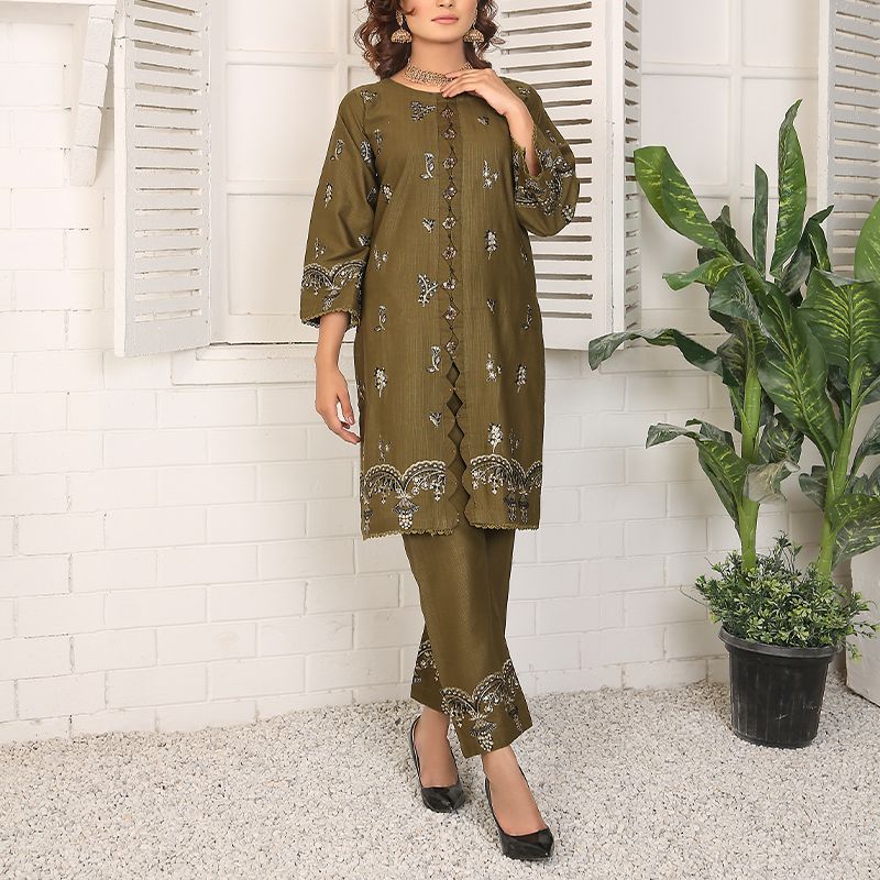 2 Piece Kurti Salwar Embroidery Set - Pure Cotton Collection Stylish Solid Color Light Weight Cotton Fabric Suit Top Bottom Salwar Kameez Indian Pakistani Embroidered Suit For Event Party Outdoor Dress - Dark Green - Shop N Save
