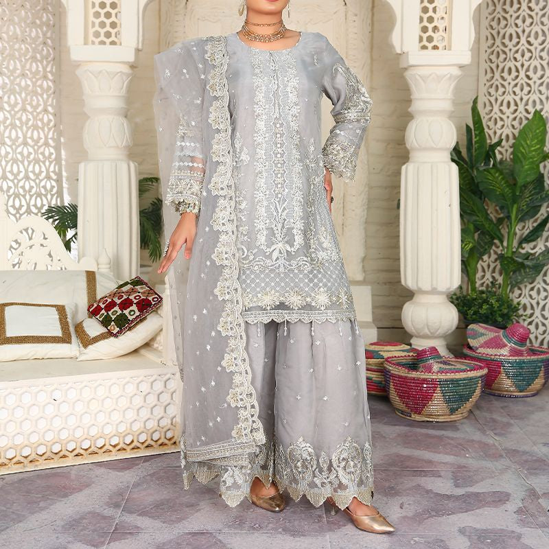3 Piece Fancy Embroidery Dress - Stylish Light Weight Chiffon Organza Fabric Suit Indian Pakistani Fancy Embroidered Dress For Events Party Outdoor Dress - Gray - Shop N Save