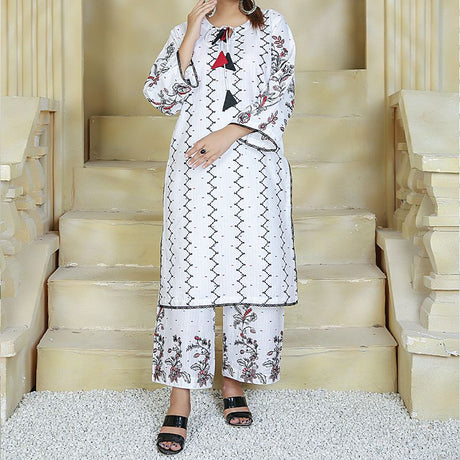 2 Piece Kurti Salwar Embroidery Set - Pure Cotton Collection Stylish Solid Color Light Weight Cotton Fabric Suit Top Bottom Salwar Kameez Indian Pakistani Embroidered Suit For Event Party Outdoor Dress - White - Shop N Save