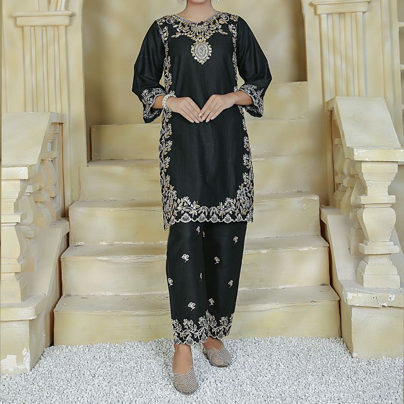 2 Piece Kurti Salwar Embroidery Set - Pure Cotton Collection Stylish Solid Color Light Weight Cotton Fabric Suit Top Bottom Salwar Kameez Indian Pakistani Embroidered Suit For Event Party Outdoor Dress - Black - Shop N Save