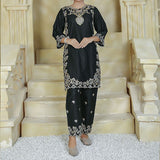 2 Piece Kurti Salwar Embroidery Set - Pure Cotton Collection Stylish Solid Color Light Weight Cotton Fabric Suit Top Bottom Salwar Kameez Indian Pakistani Embroidered Suit For Event Party Outdoor Dress - Black - Shop N Save
