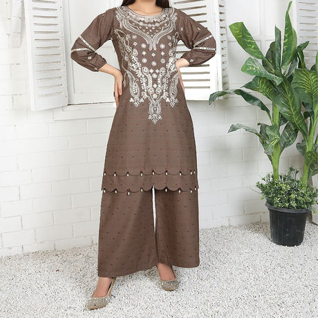 2 Piece Kurti Salwar Embroidery Set - Pure Cotton Collection Stylish Solid Color Light Weight Cotton Fabric Suit Top Bottom Salwar Kameez Indian Pakistani Embroidered Suit For Event Party Outdoor Dress - Khaki - Shop N Save