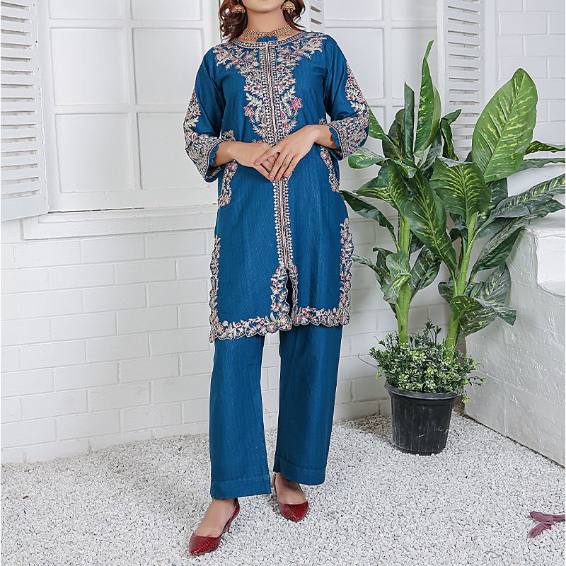 Piece Kurti Salwar Embroidery Set - Pure Cotton Collection Stylish Solid Color Light Weight Cotton Fabric Suit Top Bottom Salwar Kameez Indian Pakistani Embroidered Suit For Event Party Outdoor Dress - Dark Blue - Shop N Save