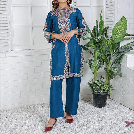 Piece Kurti Salwar Embroidery Set - Pure Cotton Collection Stylish Solid Color Light Weight Cotton Fabric Suit Top Bottom Salwar Kameez Indian Pakistani Embroidered Suit For Event Party Outdoor Dress - Dark Blue - Shop N Save