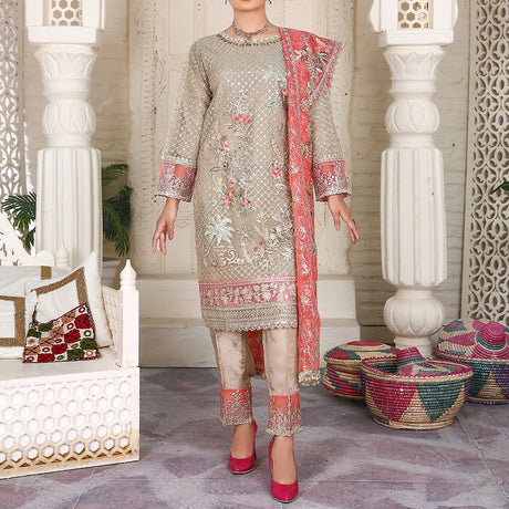 3 Piece Fancy Embroidery Dress - Stylish Light Weight Chiffon Organza Fabric Suit Indian Pakistani Fancy Embroidered Dress For Events Party Outdoor Dress - Khaki - Shop N Save