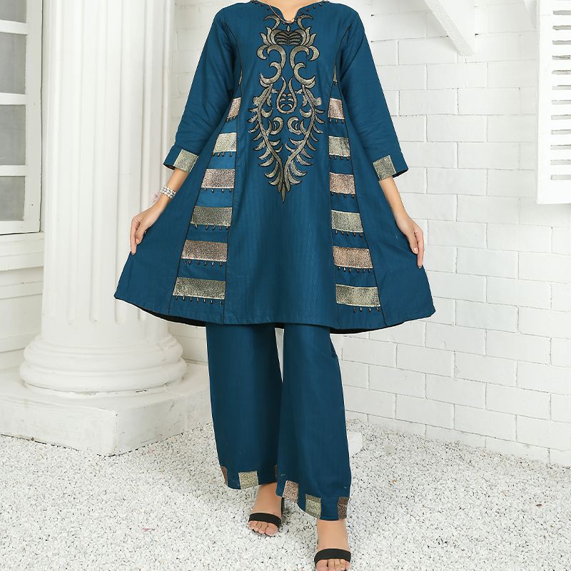 2 Piece Kurti Salwar Embroidery Set - Pure Cotton Collection Stylish Solid Color Light Weight Cotton Fabric Suit Top Bottom Salwar Kameez Indian Pakistani Embroidered Suit For Event Party Outdoor Dress - Dark Blue - Shop N Save