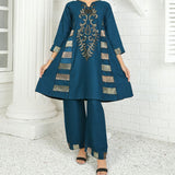 2 Piece Kurti Salwar Embroidery Set - Pure Cotton Collection Stylish Solid Color Light Weight Cotton Fabric Suit Top Bottom Salwar Kameez Indian Pakistani Embroidered Suit For Event Party Outdoor Dress - Dark Blue - Shop N Save