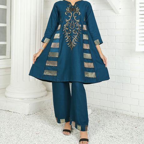 2 Piece Kurti Salwar Embroidery Set - Pure Cotton Collection Stylish Solid Color Light Weight Cotton Fabric Suit Top Bottom Salwar Kameez Indian Pakistani Embroidered Suit For Event Party Outdoor Dress - Dark Blue - Shop N Save