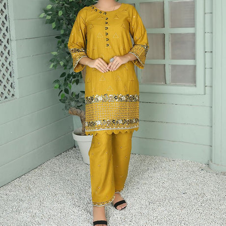 2 Piece Kurti Salwar Embroidery Set - Pure Cotton Collection Stylish Solid Color Light Weight Cotton Fabric Suit Top Bottom Salwar Kameez Indian Pakistani Embroidered Suit For Event Party Outdoor Dress - Golden - Shop N Save