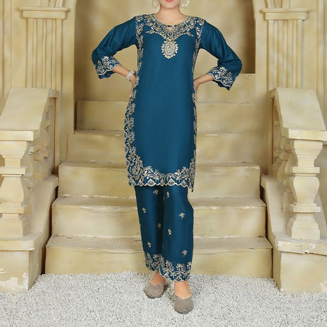 2 Piece Kurti Salwar Embroidery Set - Pure Cotton Collection Stylish Solid Color Light Weight Cotton Fabric Suit Top Bottom Salwar Kameez Indian Pakistani Embroidered Suit For Event Party Outdoor Dress - Dark Blue - Shop N Save