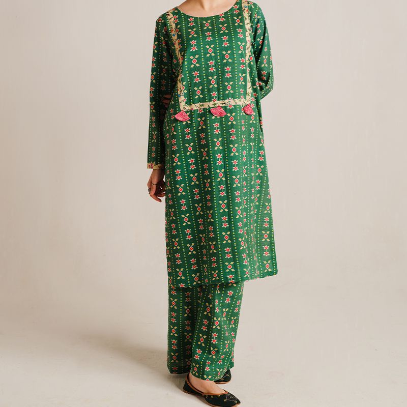2 Piece Digital Print Kurti Salwar Set - Pure Cotton Collection Stylish Light Weight Cotton Fabric Suit Top Bottom Salwar Kameez Indian Pakistani Printed Suit For Casual Outdoor Dress - Dark Green - Shop N Save