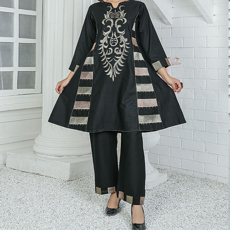 2 Piece Kurti Salwar Embroidery Set - Pure Cotton Collection Stylish Solid Color Light Weight Cotton Fabric Suit Top Bottom Salwar Kameez Indian Pakistani Embroidered Suit For Event Party Outdoor Dress - Black - Shop N Save
