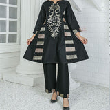 2 Piece Kurti Salwar Embroidery Set - Pure Cotton Collection Stylish Solid Color Light Weight Cotton Fabric Suit Top Bottom Salwar Kameez Indian Pakistani Embroidered Suit For Event Party Outdoor Dress - Black - Shop N Save