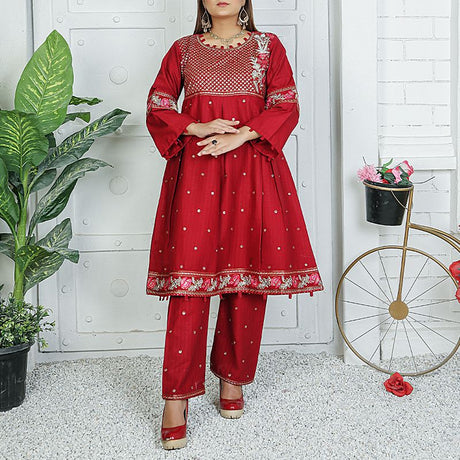 2 Piece Kurti Salwar Embroidery Set - Pure Cotton Collection Stylish Solid Color Light Weight Cotton Fabric Suit Top Bottom Salwar Kameez Indian Pakistani Embroidered Suit For Event Party Outdoor Dress - Maroon - Shop N Save