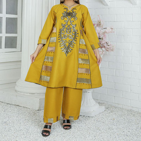 2 Piece Kurti Salwar Embroidery Set - Pure Cotton Collection Stylish Solid Color Light Weight Cotton Fabric Suit Top Bottom Salwar Kameez Indian Pakistani Embroidered Suit For Event Party Outdoor Dress - Golden - Shop N Save