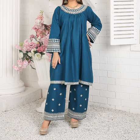 2 Piece Kurti Salwar Embroidery Set - Pure Cotton Collection Stylish Solid Color Light Weight Cotton Fabric Suit Top Bottom Salwar Kameez Indian Pakistani Embroidered Suit For Event Party Outdoor Dress - Dark Blue - Shop N Save