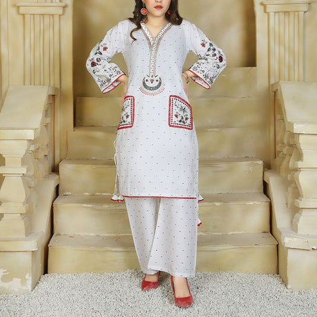 2 Piece Kurti Salwar Embroidery Set - Pure Cotton Collection Stylish Solid Color Light Weight Cotton Fabric Suit Top Bottom Salwar Kameez Indian Pakistani Embroidered Suit For Event Party Outdoor Dress - White - Shop N Save