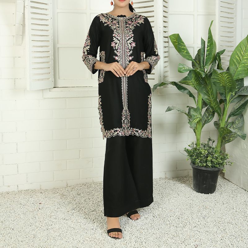 2 Piece Kurti Salwar Embroidery Set - Pure Cotton Collection Stylish Solid Color Light Weight Cotton Fabric Suit Top Bottom Salwar Kameez Indian Pakistani Embroidered Suit For Event Party Outdoor Dress - Black - Shop N Save