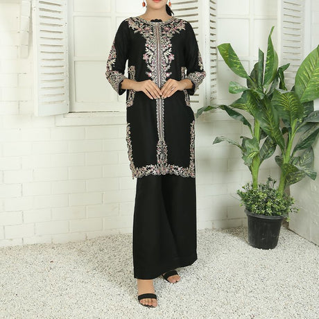 2 Piece Kurti Salwar Embroidery Set - Pure Cotton Collection Stylish Solid Color Light Weight Cotton Fabric Suit Top Bottom Salwar Kameez Indian Pakistani Embroidered Suit For Event Party Outdoor Dress - Black - Shop N Save