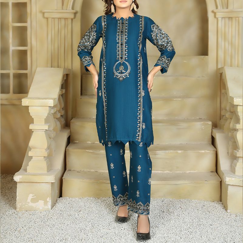 2 Piece Kurti Salwar Embroidery Set - Pure Cotton Collection Stylish Solid Color Light Weight Cotton Fabric Suit Top Bottom Salwar Kameez Indian Pakistani Embroidered Suit For Event Party Outdoor Dress - Dark Blue - Shop N Save