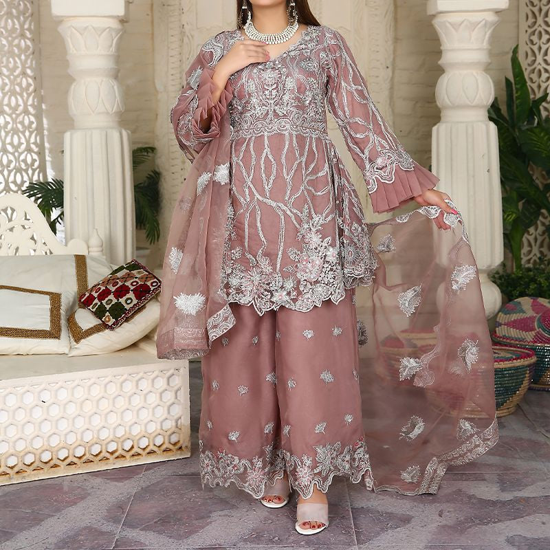 Piece Fancy Embroidery Dress - Stylish Light Weight Chiffon Organza Fabric Suit Indian Pakistani Fancy Embroidered Dress For Events Party Outdoor Dress - Dark Pink - Shop N Save