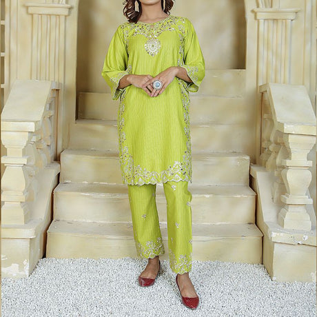 2 Piece Kurti Salwar Embroidery Set - Pure Cotton Collection Stylish Solid Color Light Weight Cotton Fabric Suit Top Bottom Salwar Kameez Indian Pakistani Embroidered Suit For Event Party Outdoor Dress - Green - Shop N Save