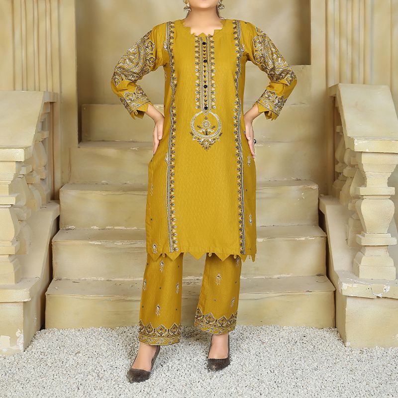 2 Piece Kurti Salwar Embroidery Set - Pure Cotton Collection Stylish Solid Color Light Weight Cotton Fabric Suit Top Bottom Salwar Kameez Indian Pakistani Embroidered Suit For Event Party Outdoor Dress - Golden - Shop N Save