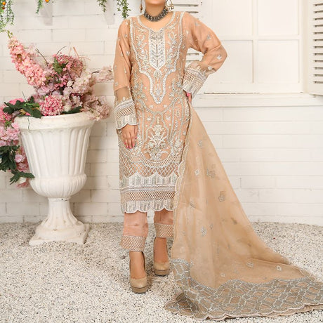 3 Piece Fancy Embroidery Dress - Stylish Light Weight Chiffon Organza Fabric Suit Indian Pakistani Fancy Embroidered Dress For Events Party Outdoor Dress - Peach - Shop N Save
