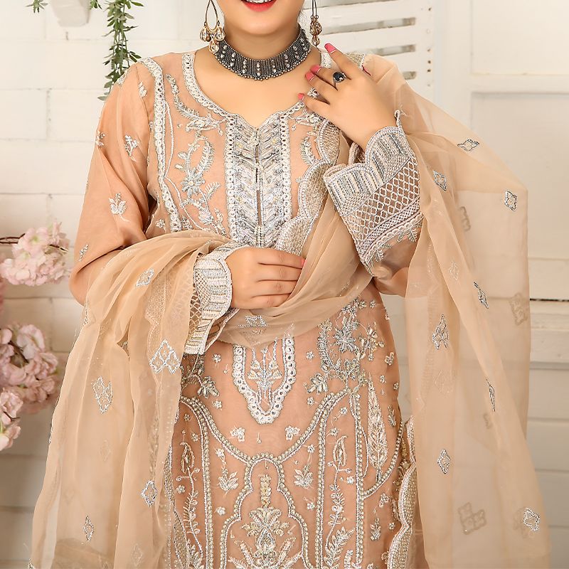 3 Piece Fancy Embroidery Dress - Stylish Light Weight Chiffon Organza Fabric Suit Indian Pakistani Fancy Embroidered Dress For Events Party Outdoor Dress - Peach - Shop N Save