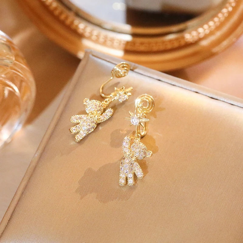 Bear Pendant Clip Earrings: Luxury Designer, Star Dangle, Christmas Gift - Shop N Save