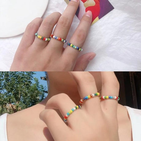 Summer Crystal Bead Rings Set For Women Bohemia Fresh Blue Yellow