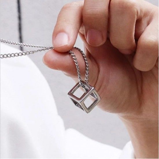 Love Cube Three-Dimensional Necklace Flash Crystal Pendant Silver