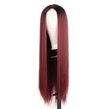 Wig for women, burgundy, middle-parted, fashionable long straight hair, high-temperature silk, chemical fiber headgear.