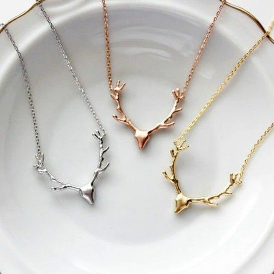 Women Deer Antler Christmas Gift Reindeer Pendant Necklace Golden