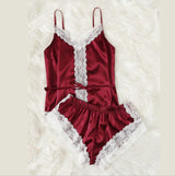 Lace Patched Satin Silk Women Nightwear Lingerie Pair