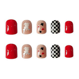24pcs Short Red Checkerboard Nails: Cute Press-Ons, Full Coverage - Shop N Save