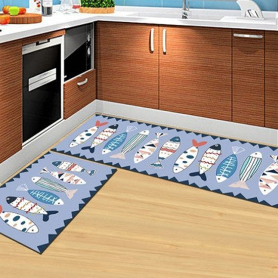 2Pcs Kitchen And Bathroom Non-Slip Floor Mat Set 40x120 And 40x60 Blue - Shop N Save