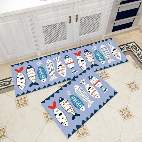 2Pcs Kitchen And Bathroom Non-Slip Floor Mat Set 40x120 And 40x60 Blue - Shop N Save