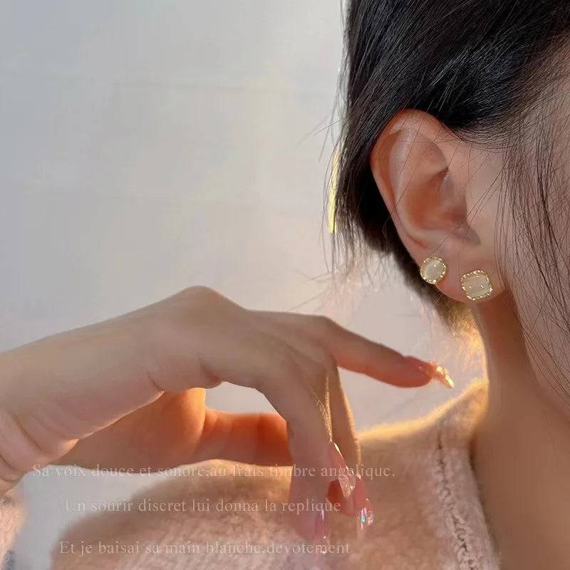 Golden Geometric Opal Studs: Korean Triangle &amp; Circle Earrings Set - Shop N Save