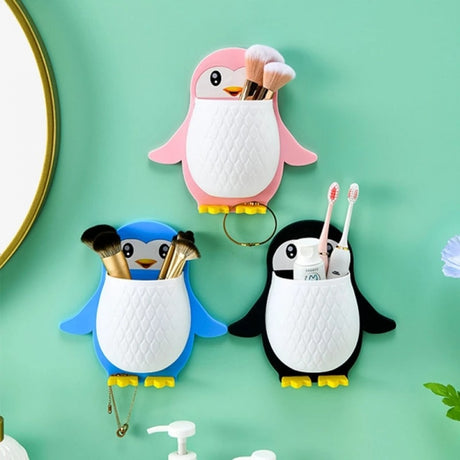 Penguin Shape Multifunctional Storage Holder Wall Mount - Black