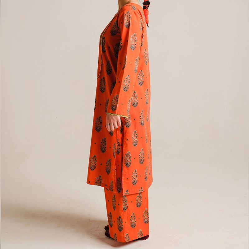 2 Piece Digital Print Kurti Salwar Set - Pure Cotton Collection Stylish Light Weight Cotton Fabric Suit Top Bottom Salwar Kameez Indian Pakistani Printed Suit For Casual Outdoor Dress - Orange - Shop N Save