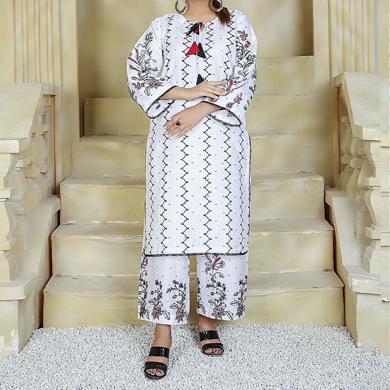 2 Piece Kurti Salwar Embroidery Set - Pure Cotton Collection Stylish Solid Color Light Weight Cotton Fabric Suit Top Bottom Salwar Kameez Indian Pakistani Embroidered Suit For Event Party Outdoor Dress - White - Shop N Save