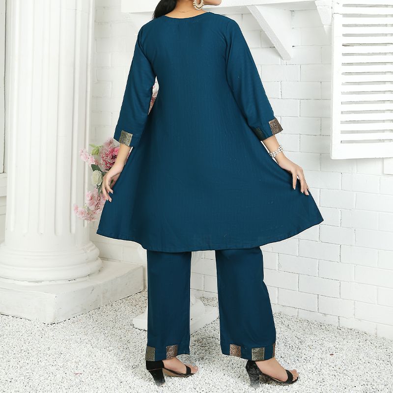 2 Piece Kurti Salwar Embroidery Set - Pure Cotton Collection Stylish Solid Color Light Weight Cotton Fabric Suit Top Bottom Salwar Kameez Indian Pakistani Embroidered Suit For Event Party Outdoor Dress - Dark Blue - Shop N Save