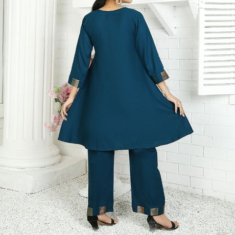 2 Piece Kurti Salwar Embroidery Set - Pure Cotton Collection Stylish Solid Color Light Weight Cotton Fabric Suit Top Bottom Salwar Kameez Indian Pakistani Embroidered Suit For Event Party Outdoor Dress - Dark Blue - Shop N Save