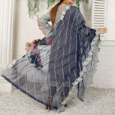 3 Piece Fancy Embroidery Dress - Stylish Light Weight Chiffon Organza Fabric Suit Indian Pakistani Fancy Embroidered Dress For Events Party Outdoor Dress - Gray - Shop N Save