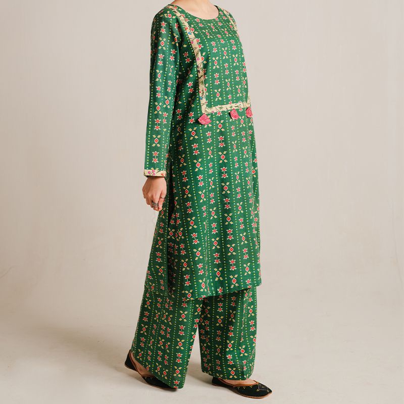 2 Piece Digital Print Kurti Salwar Set - Pure Cotton Collection Stylish Light Weight Cotton Fabric Suit Top Bottom Salwar Kameez Indian Pakistani Printed Suit For Casual Outdoor Dress - Dark Green - Shop N Save