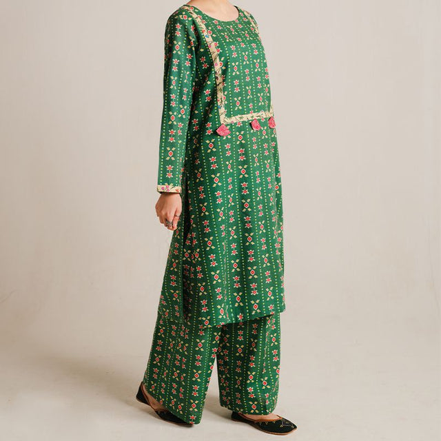 2 Piece Digital Print Kurti Salwar Set - Pure Cotton Collection Stylish Light Weight Cotton Fabric Suit Top Bottom Salwar Kameez Indian Pakistani Printed Suit For Casual Outdoor Dress - Dark Green - Shop N Save