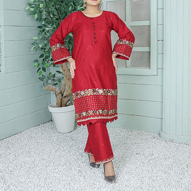 2 Piece Kurti Salwar Embroidery Set - Pure Cotton Collection Stylish Solid Color Light Weight Cotton Fabric Suit Top Bottom Salwar Kameez Indian Pakistani Embroidered Suit For Event Party Outdoor Dress - Maroon - Shop N Save