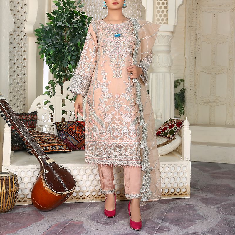 3 Piece Fancy Embroidery Dress - Stylish Light Weight Chiffon Organza Fabric Suit Indian Pakistani Fancy Embroidered Dress For Events Party Outdoor Dress - Light Pink - Shop N Save